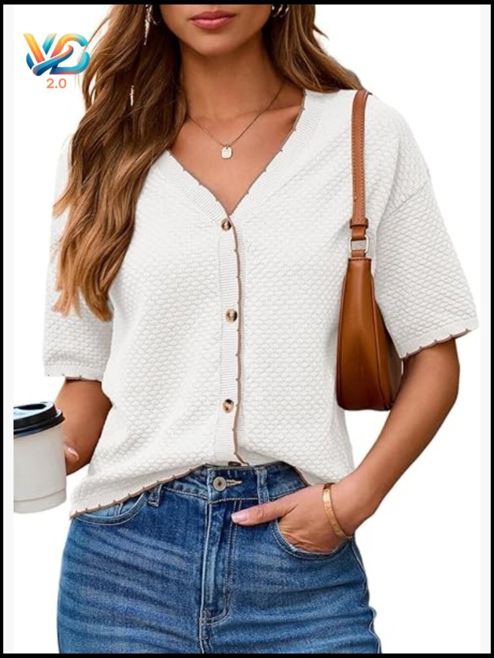 Textured Button Down Short Sleeve V Neck Cotton Blouse Casual Knit Top